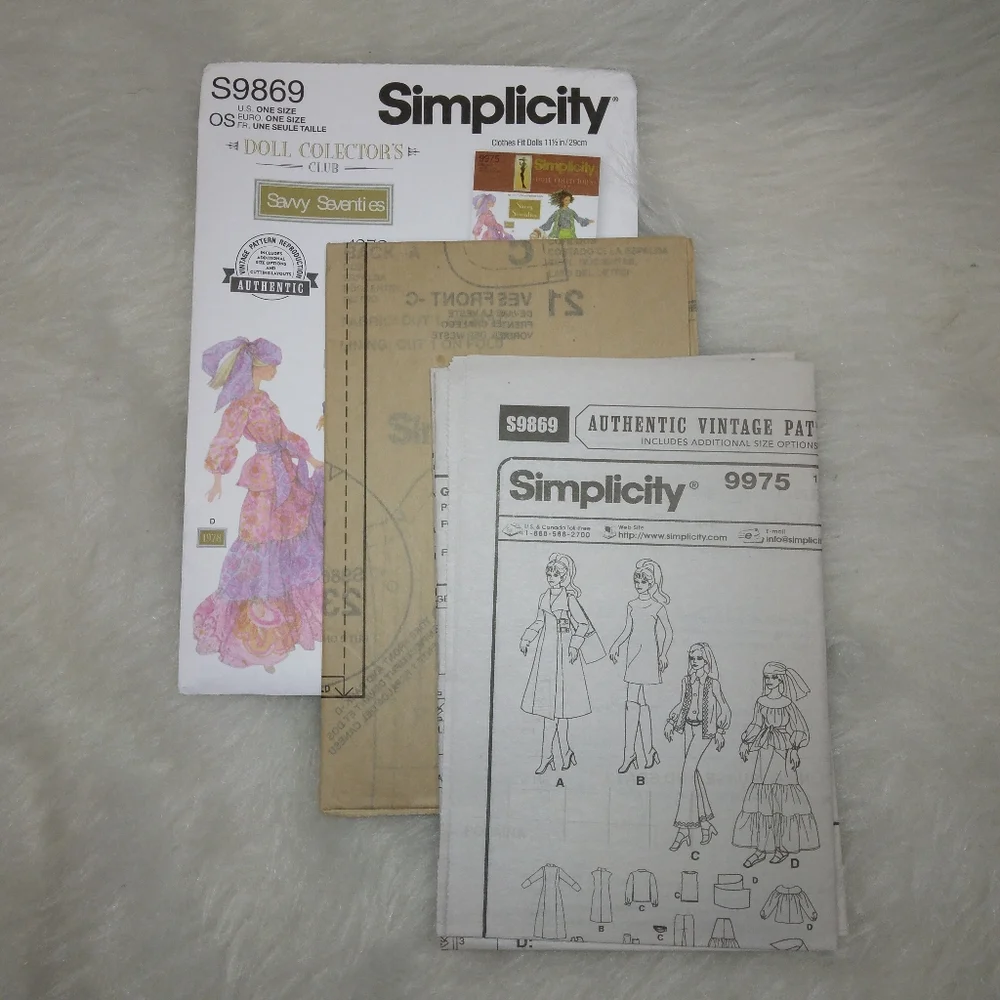 SIMPLICITY S9869 Doll Clothes for 11.5 inch dolls 1970s styles by Theresa LaQuey